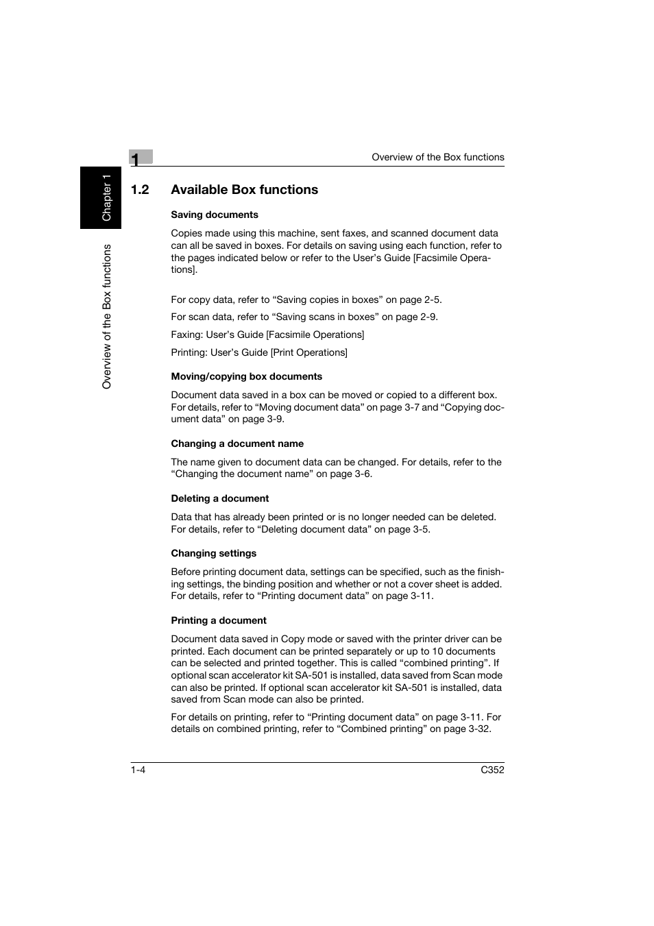 2 available box functions, Saving documents, Moving/copying box documents | Changing a document name, Deleting a document, Changing settings, Printing a document, Available box functions -4 | Konica Minolta bizhub C352 User Manual | Page 21 / 198