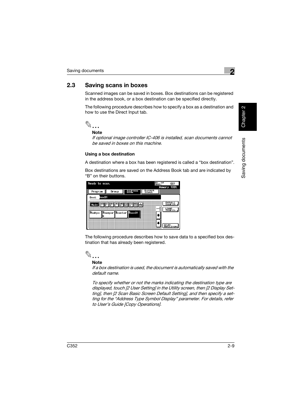3 saving scans in boxes, Using a box destination, Saving scans in boxes -9 | Using a box destination -9 | Konica Minolta bizhub C352 User Manual | Page 32 / 198