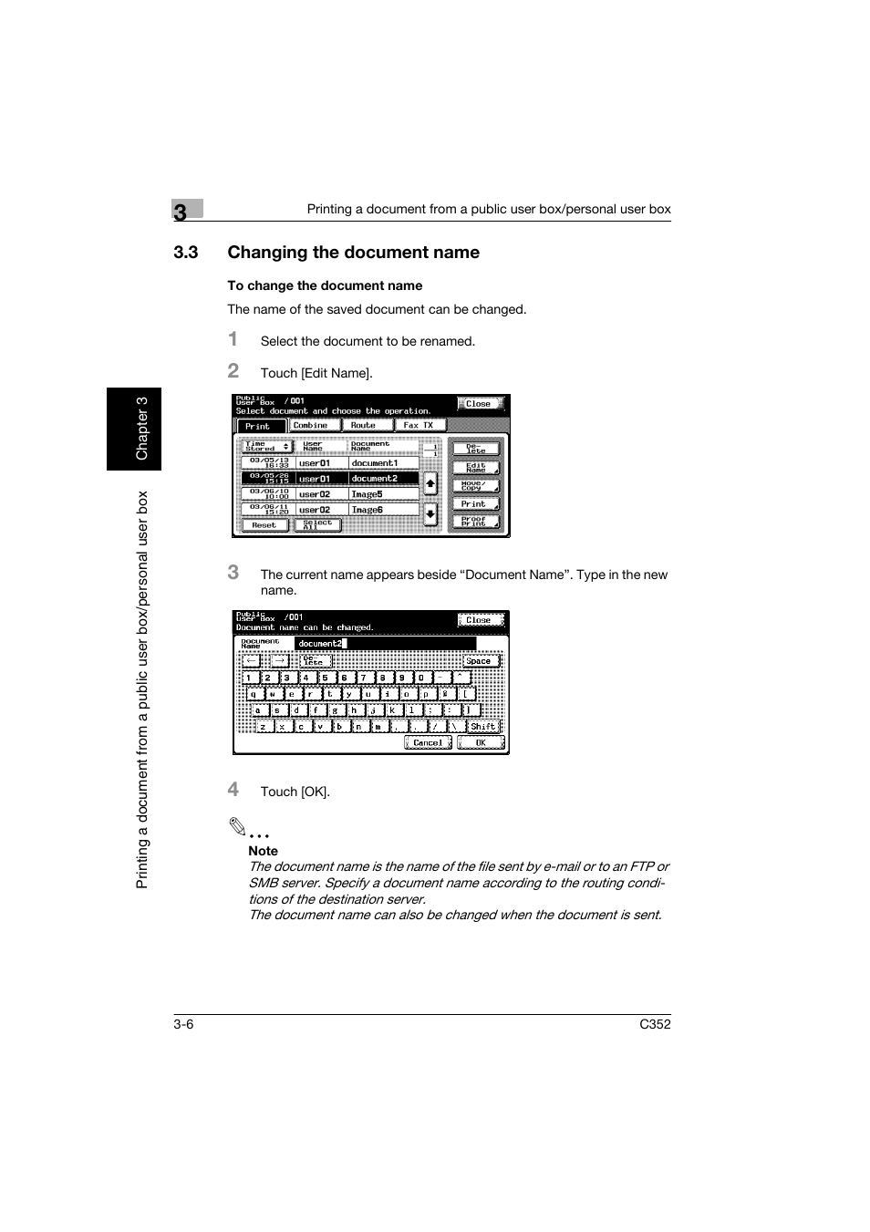 3 changing the document name, To change the document name, Changing the document name -6 | To change the document name -6 | Konica Minolta bizhub C352 User Manual | Page 43 / 198