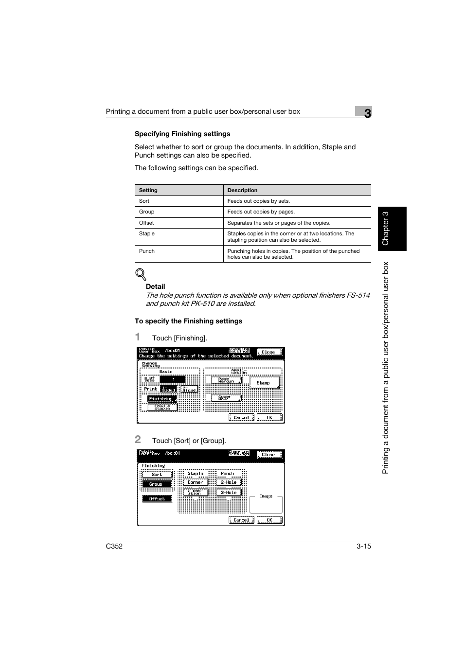 Specifying finishing settings, To specify the finishing settings, P. 3-15 | Konica Minolta bizhub C352 User Manual | Page 52 / 198