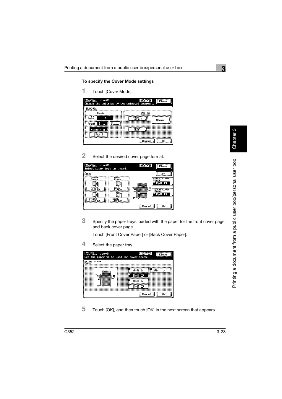 To specify the cover mode settings, To specify the cover mode settings -23, P. 3-23 | Konica Minolta bizhub C352 User Manual | Page 60 / 198