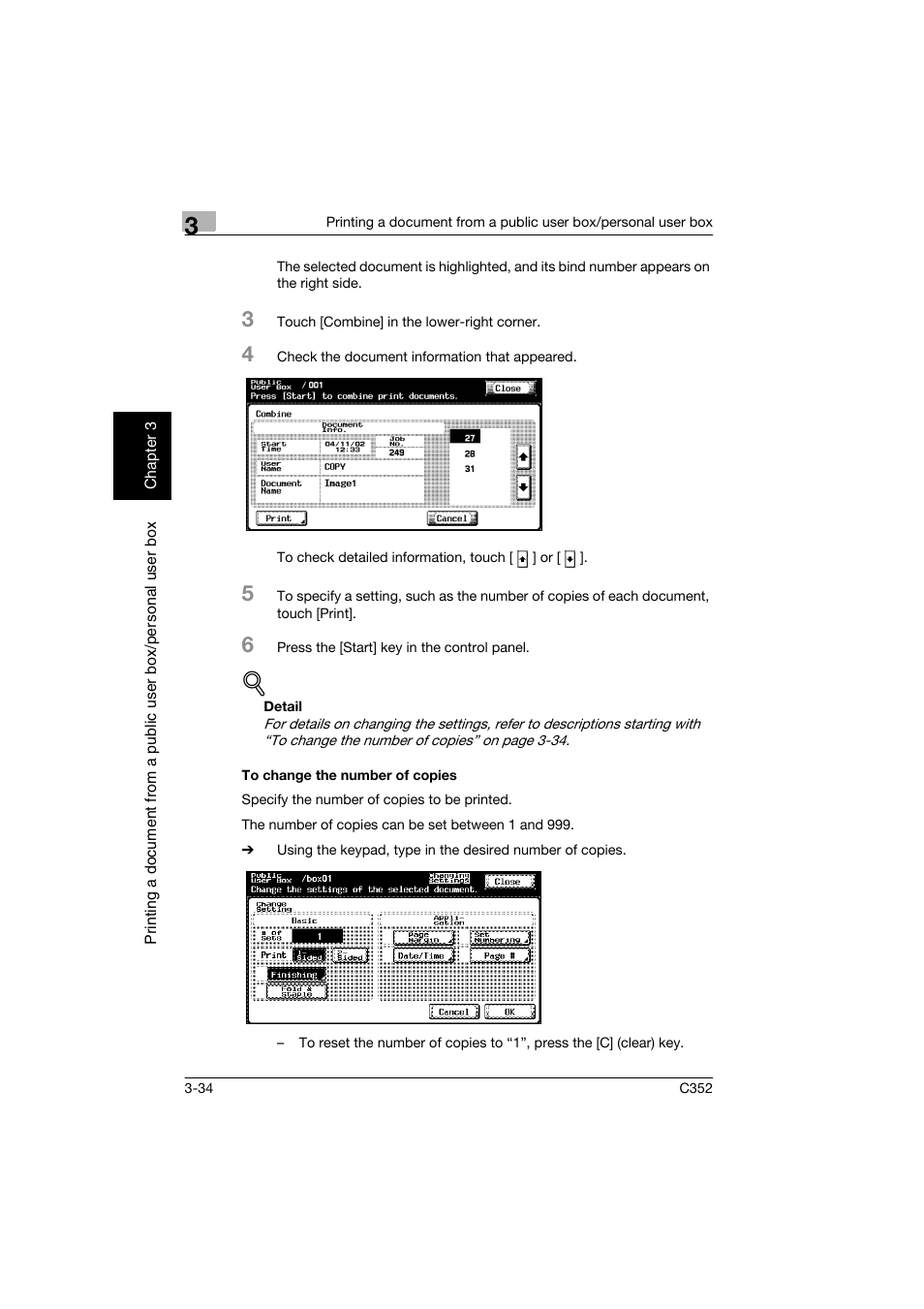 To change the number of copies, To change the number of copies -34, P. 3-34 | Konica Minolta bizhub C352 User Manual | Page 71 / 198