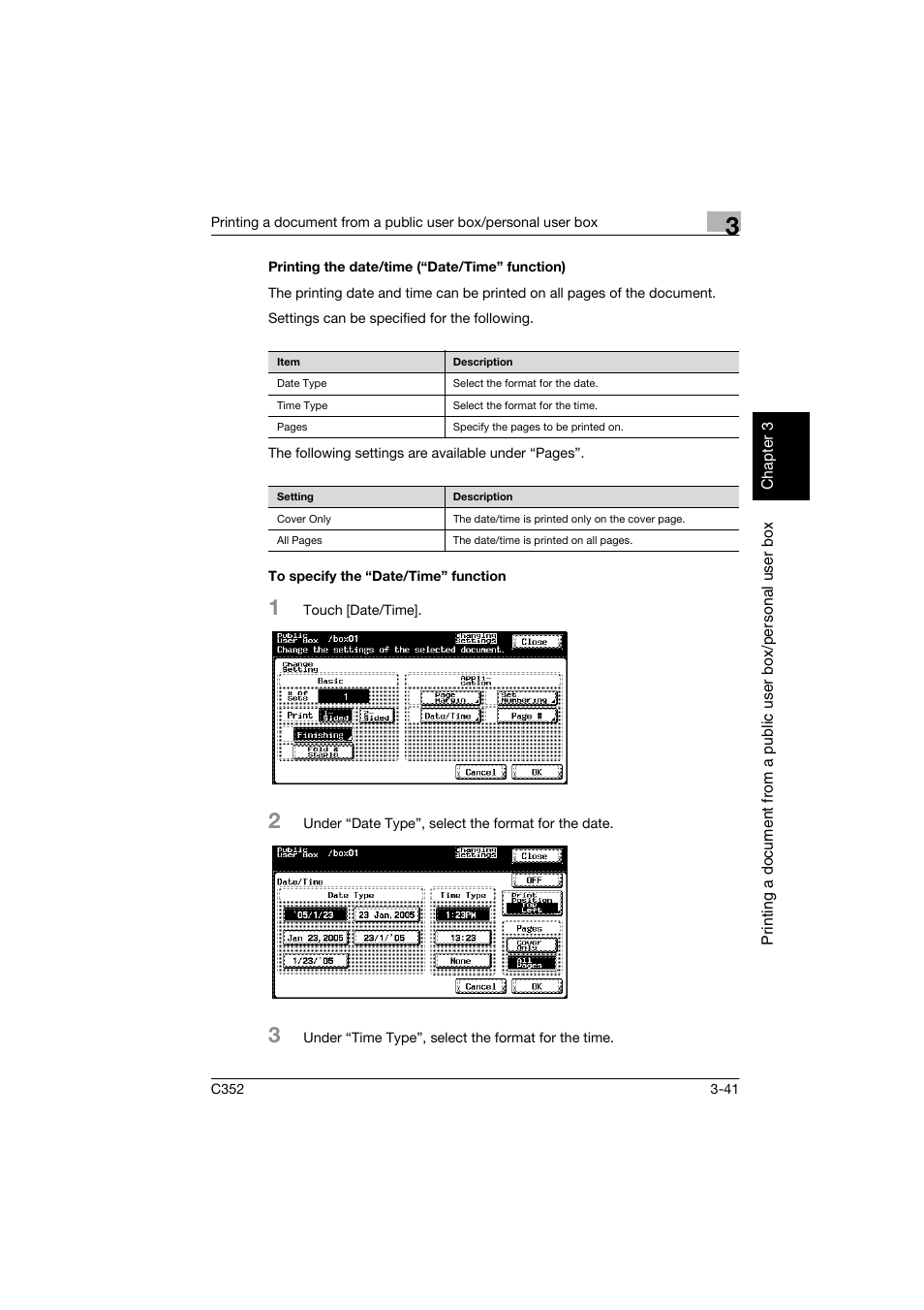 Printing the date/time (“date/time” function), To specify the “date/time” function, P. 3-41 | Konica Minolta bizhub C352 User Manual | Page 78 / 198