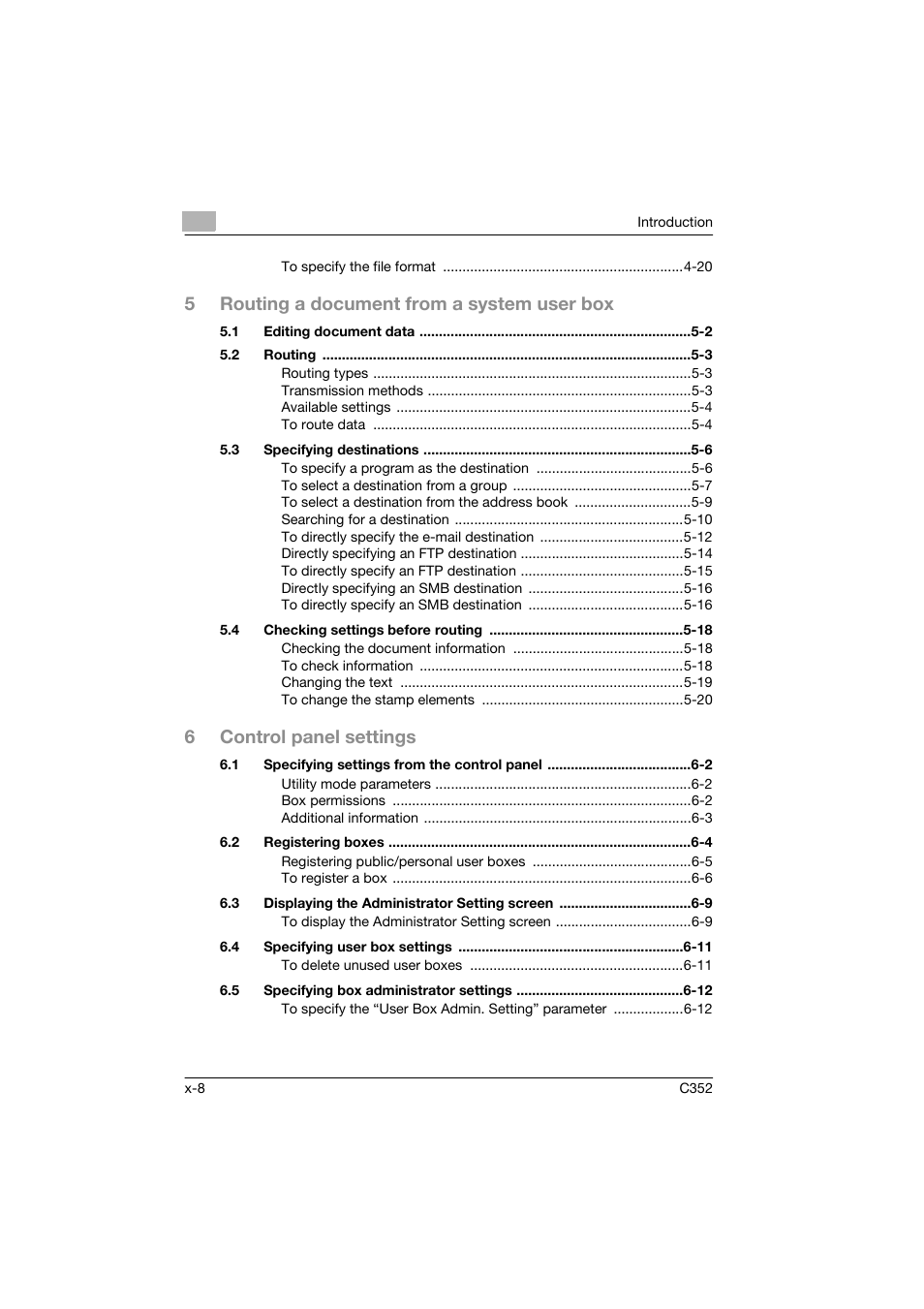 5routing a document from a system user box, 6control panel settings | Konica Minolta bizhub C352 User Manual | Page 9 / 198