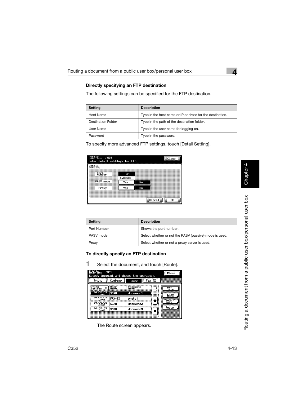 Directly specifying an ftp destination, To directly specify an ftp destination, P. 4-13 | Konica Minolta bizhub C352 User Manual | Page 98 / 198