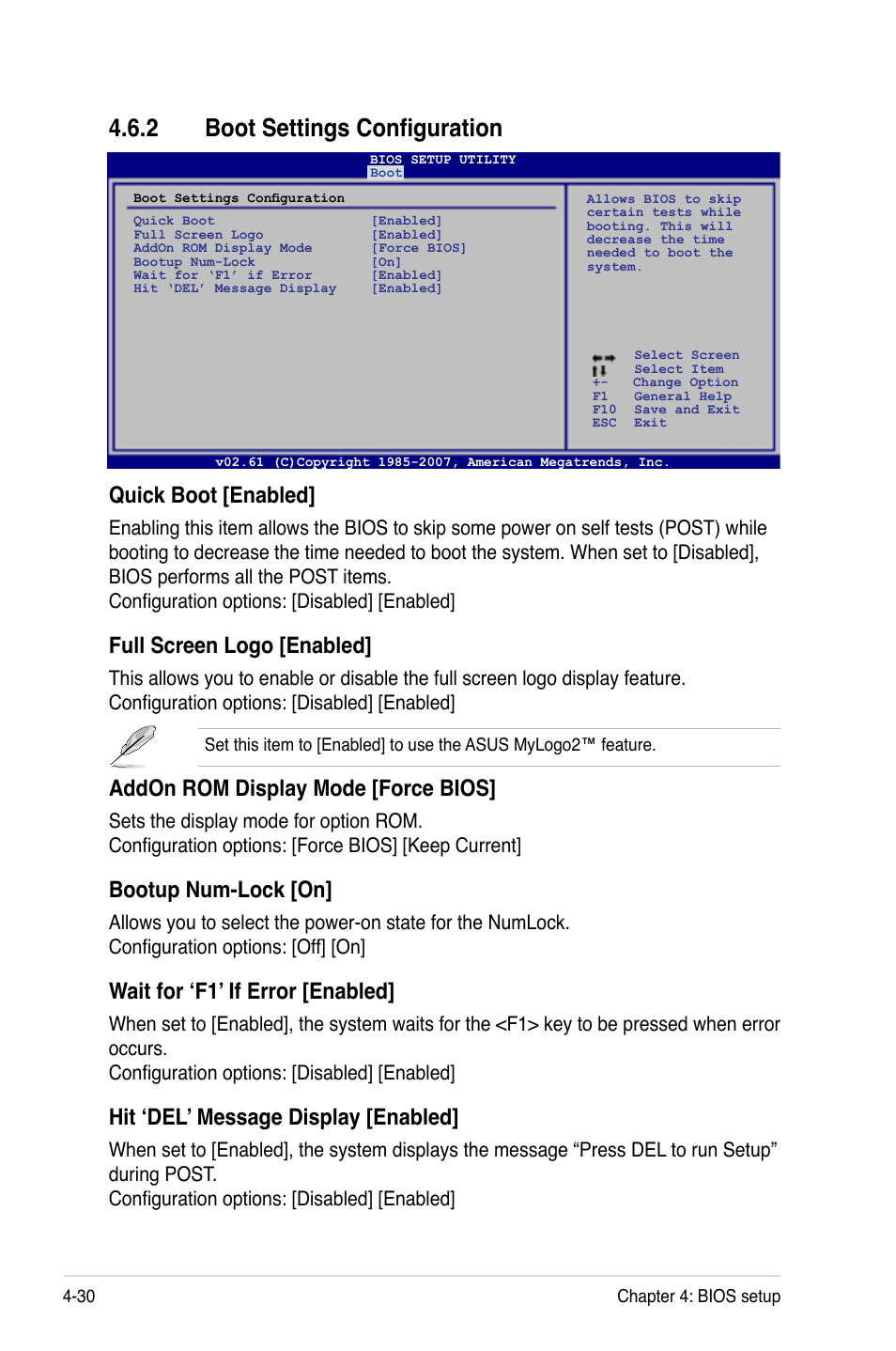 2 boot settings configuration, Boot settings configuration -30, Quick boot [enabled | Full screen logo [enabled, Addon rom display mode [force bios, Bootup num-lock [on, Wait for ‘f1’ if error [enabled, Hit ‘del’ message display [enabled | Asus Z7S WS User Manual | Page 102 / 156