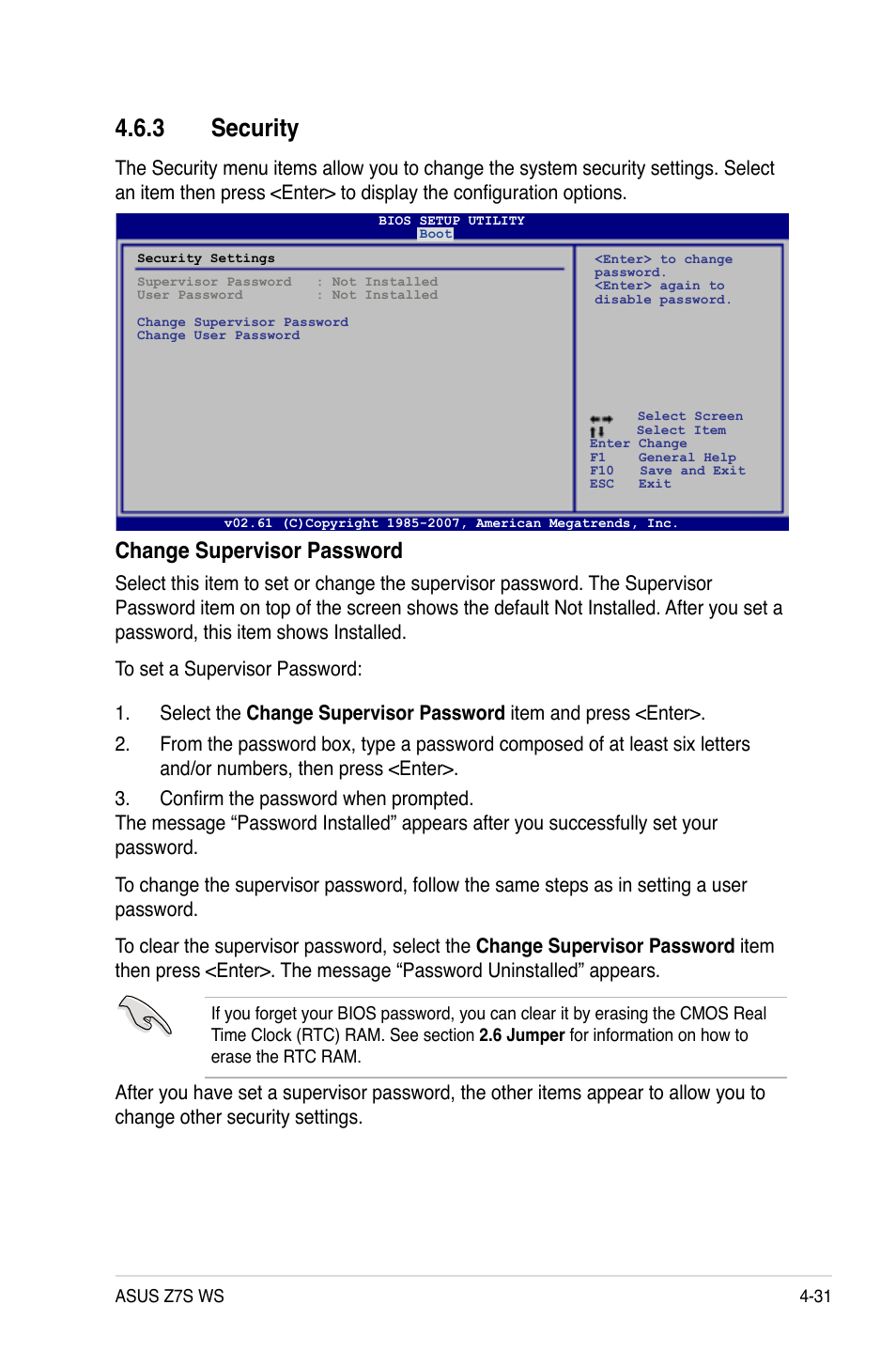 3 security, Security -31, Change supervisor password | Asus Z7S WS User Manual | Page 103 / 156