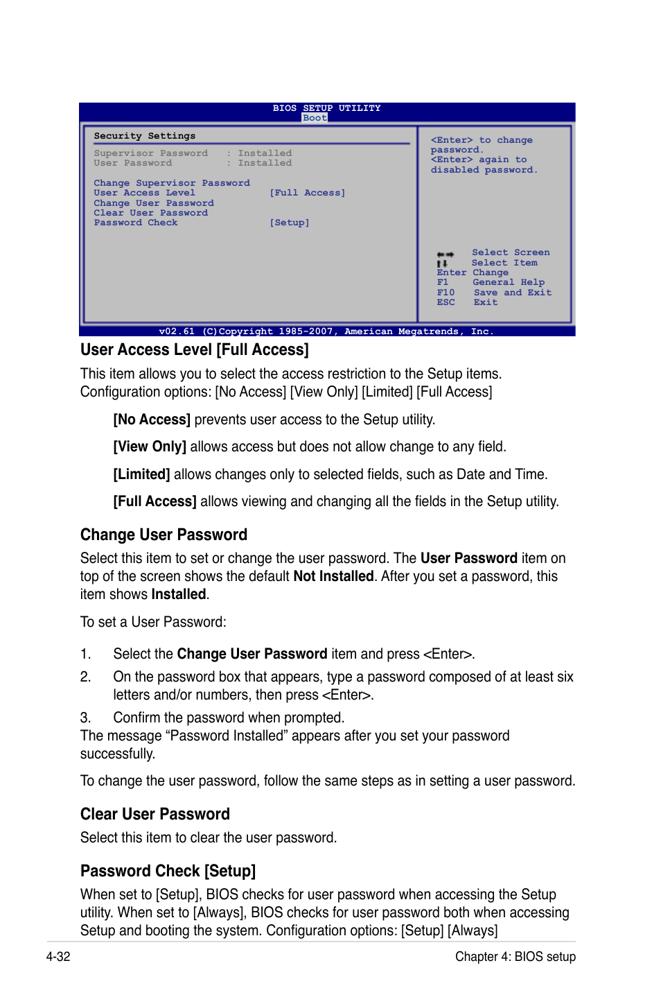 User access level [full access, Change user password, Clear user password | Password check [setup | Asus Z7S WS User Manual | Page 104 / 156