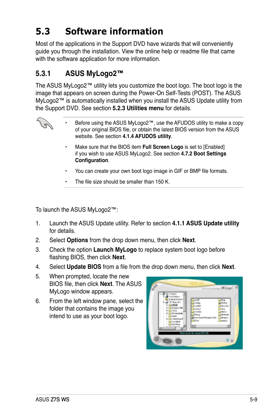 3 software information, 1 asus mylogo2, Software information -9 5.3.1 | Asus mylogo2™ -9 | Asus Z7S WS User Manual | Page 119 / 156