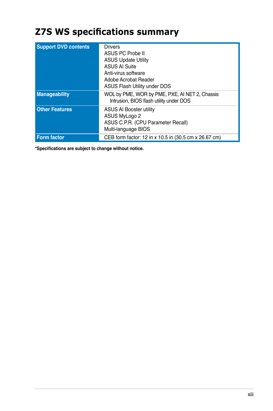 Z7s ws specifications summary | Asus Z7S WS User Manual | Page 13 / 156