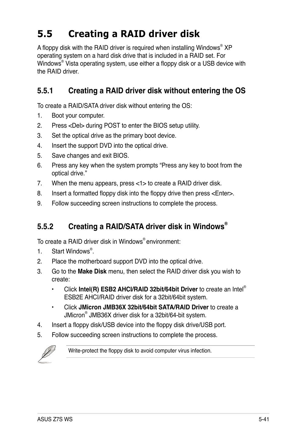 5 creating a raid driver disk, 2 creating a raid/sata driver disk in windows, Creating a raid driver disk -41 5.5.1 | Creating a raid/sata driver disk in windows | Asus Z7S WS User Manual | Page 151 / 156