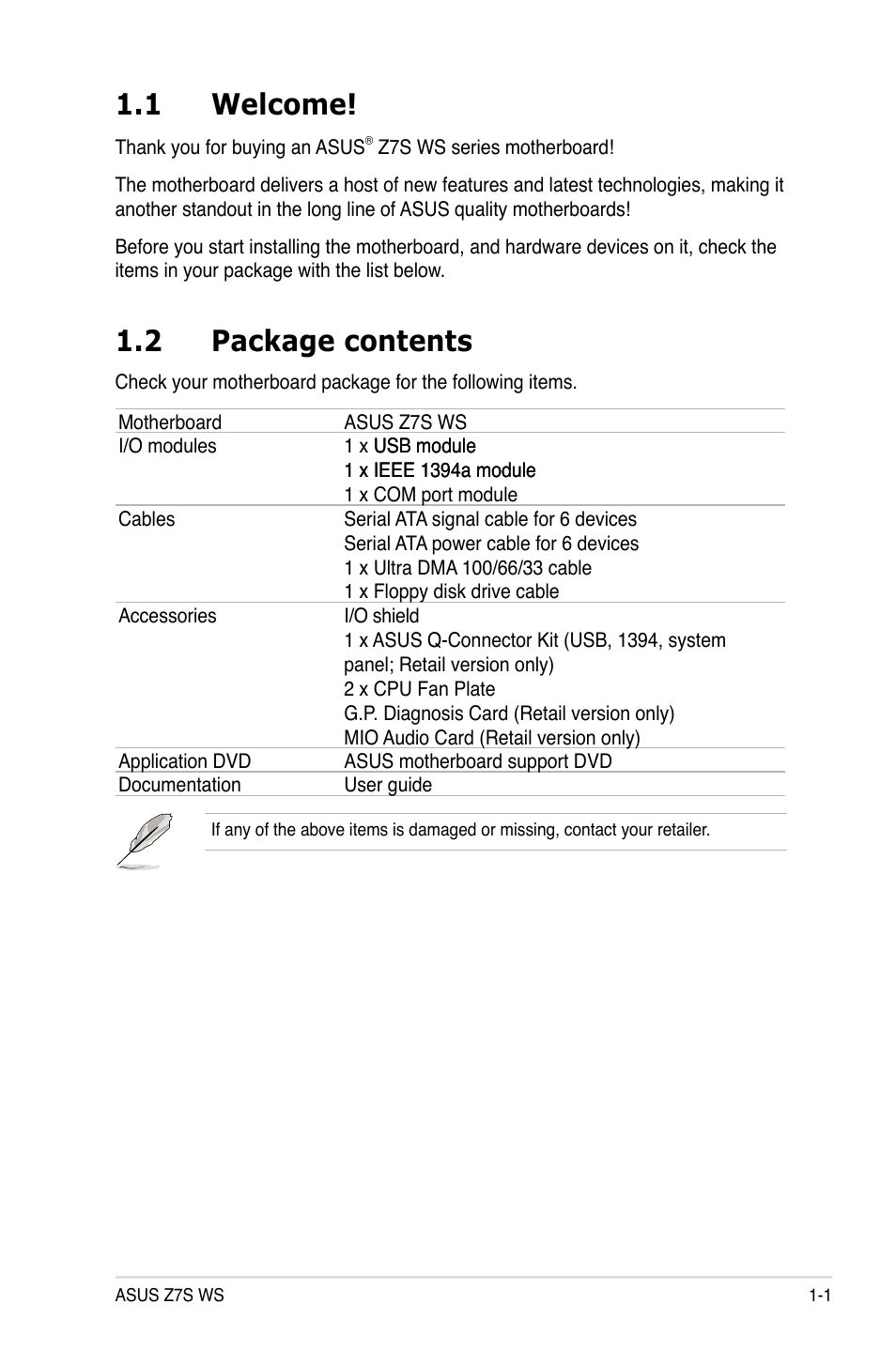 1 welcome, 2 package contents, Welcome! -1 | Package contents -1 | Asus Z7S WS User Manual | Page 17 / 156