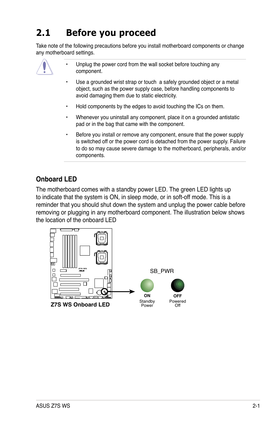 1 before you proceed, Before you proceed -1, Onboard led | Asus Z7S WS User Manual | Page 23 / 156