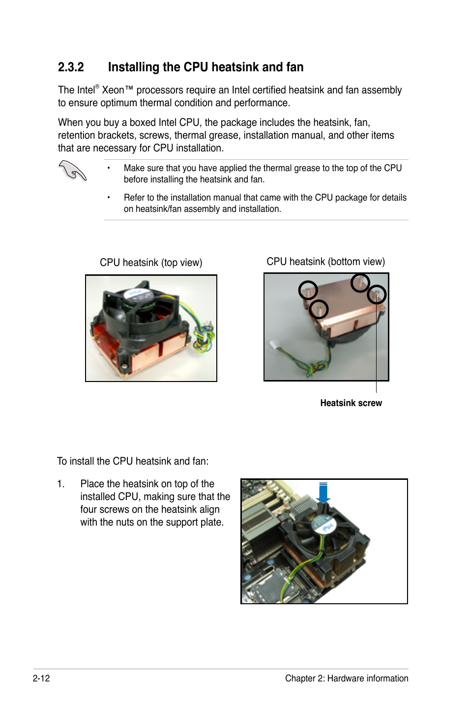 2 installing the cpu heatsink and fan, Installing the cpu heatsink and fan -12 | Asus Z7S WS User Manual | Page 34 / 156