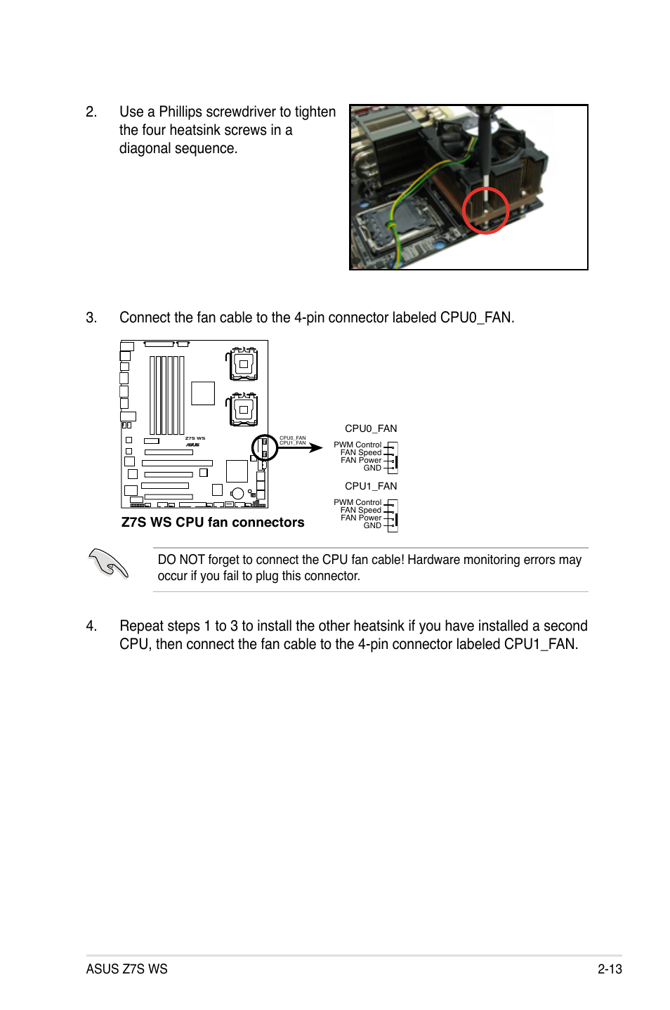 Asus z7s ws 2-13, Z7s ws cpu fan connectors | Asus Z7S WS User Manual | Page 35 / 156