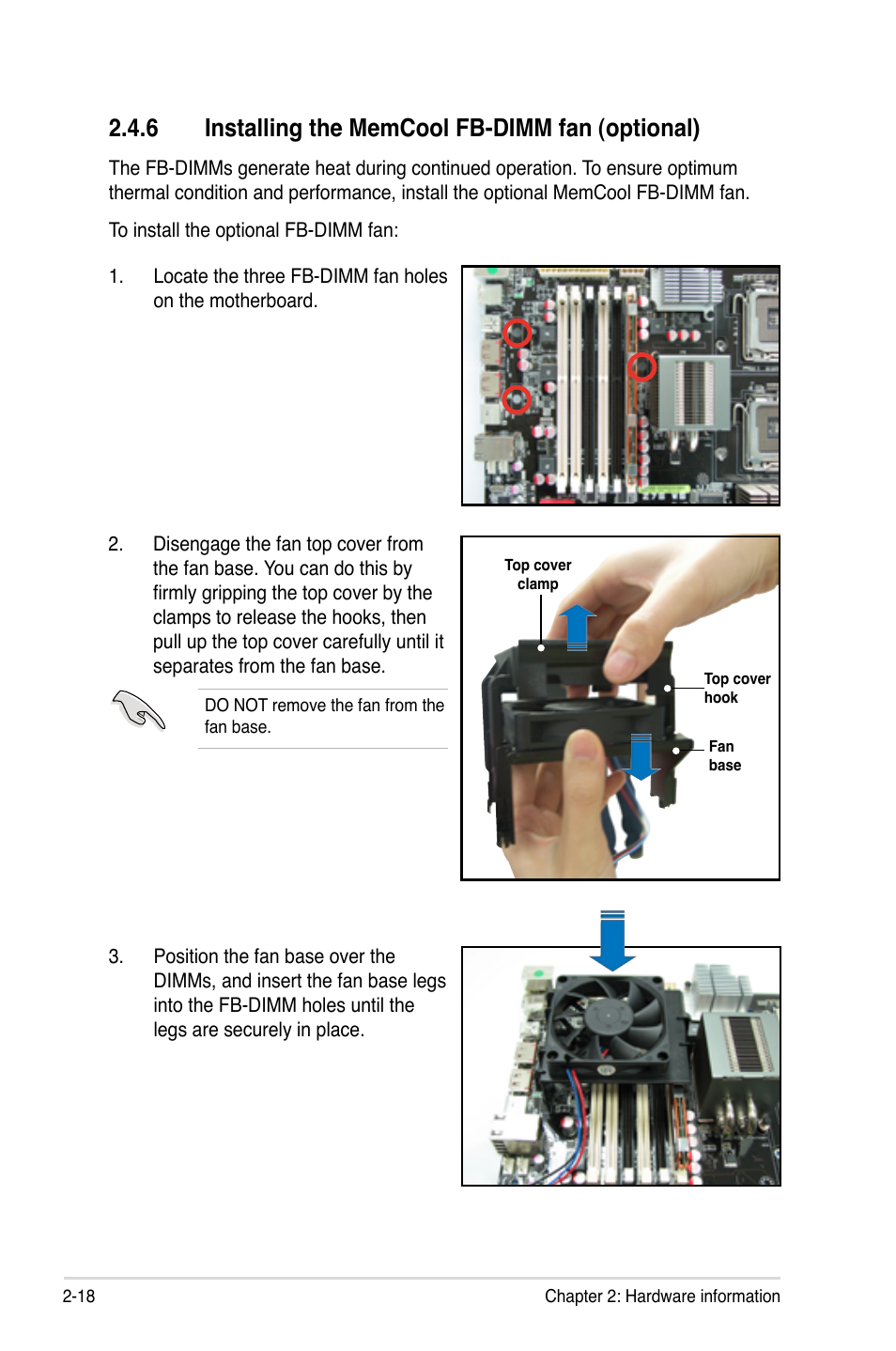 6 installing the memcool fb-dimm fan (optional), Installing the memcool fb-dimm fan (optional) -18 | Asus Z7S WS User Manual | Page 40 / 156