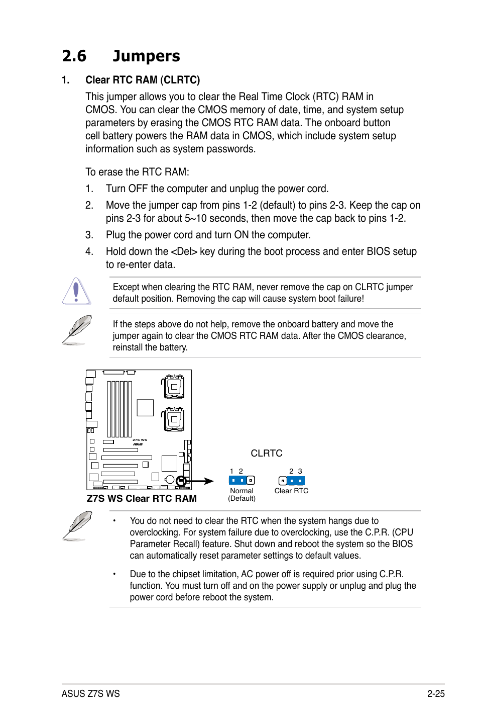 6 jumpers, Jumpers -25 | Asus Z7S WS User Manual | Page 47 / 156