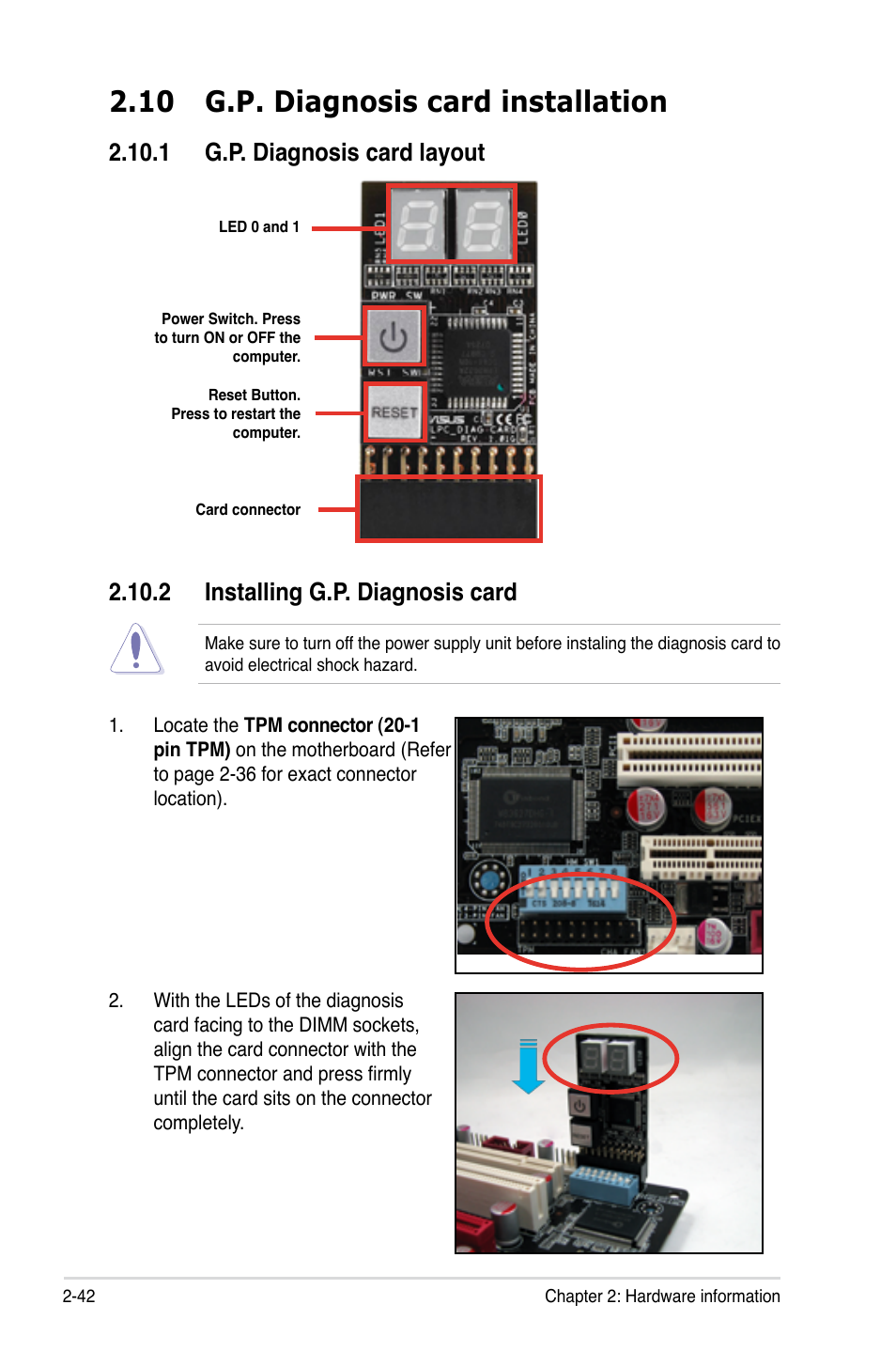 10 g.p. diagnosis card installation, 1 g.p. diagnosis card layout, 2 installing g.p. diagnosis card | 10 g.p. diagnosis card installation -42 | Asus Z7S WS User Manual | Page 64 / 156