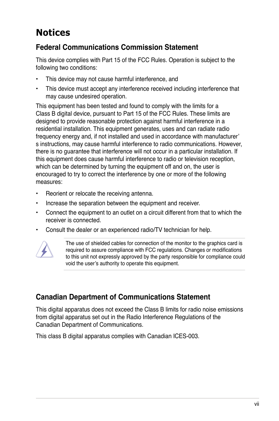 Notices, Federal communications commission statement, Canadian department of communications statement | Asus Z7S WS User Manual | Page 7 / 156