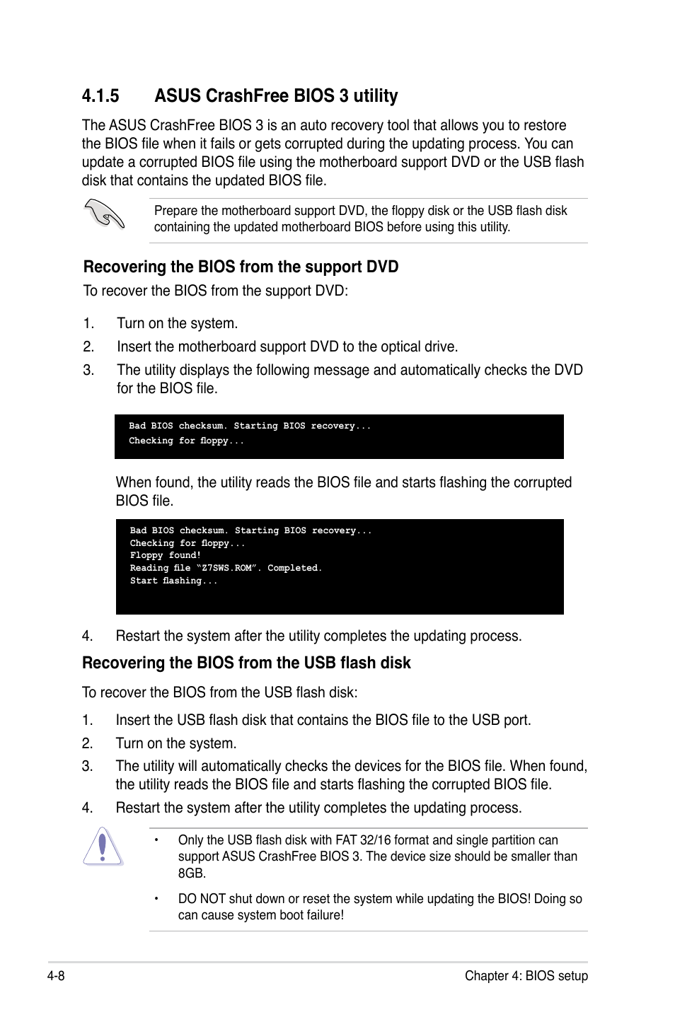 5 asus crashfree bios 3 utility, Asus crashfree bios 3 utility -8, Recovering the bios from the support dvd | Recovering the bios from the usb flash disk | Asus Z7S WS User Manual | Page 80 / 156