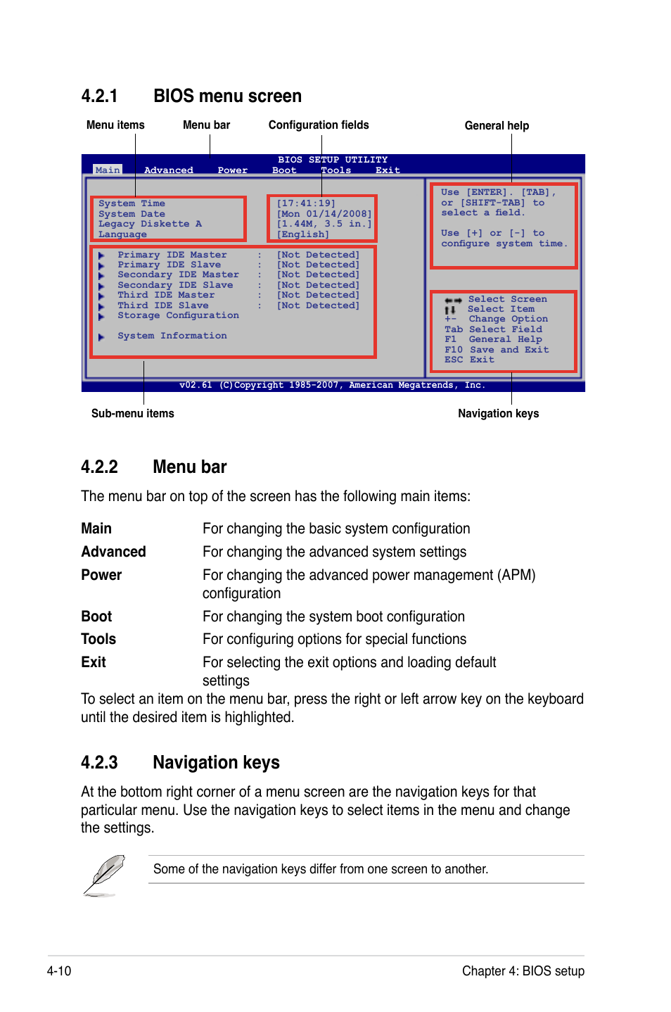 1 bios menu screen, 2 menu bar, 3 navigation keys | Bios menu screen -10, Menu bar -10, Navigation keys -10 | Asus Z7S WS User Manual | Page 82 / 156