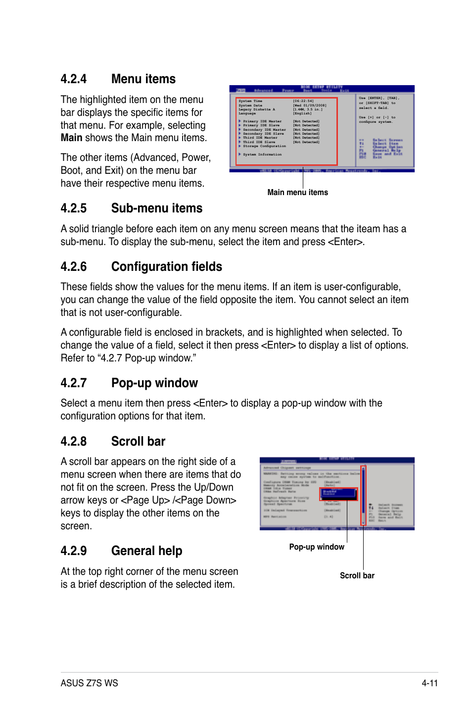 4 menu items, 5 sub-menu items, 6 configuration fields | 7 pop-up window, 8 scroll bar, 9 general help, Menu items -11, Sub-menu items -11, Configuration fields -11, Pop-up window -11 | Asus Z7S WS User Manual | Page 83 / 156