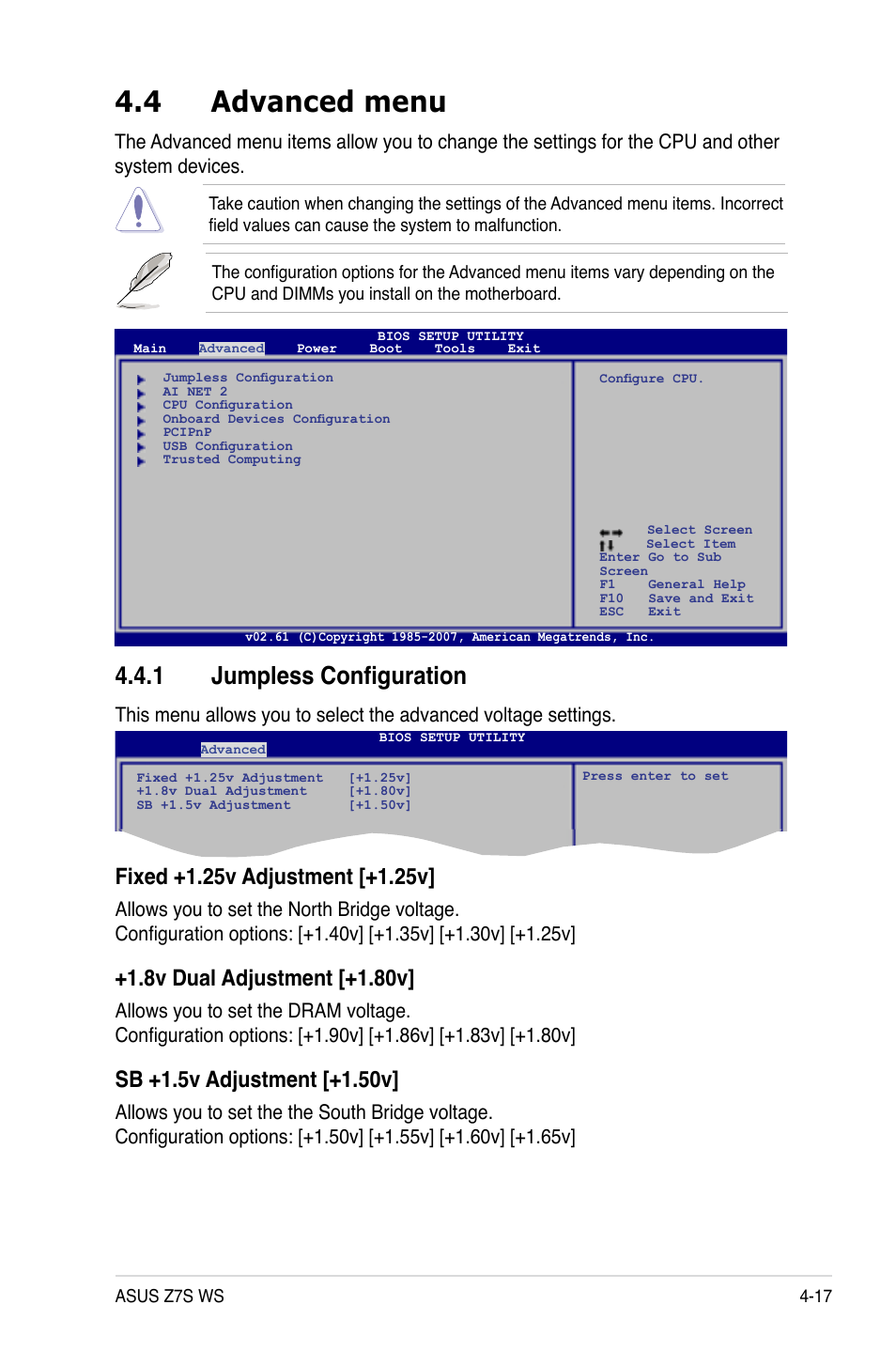 4 advanced menu, 1 jumpless configuration, Advanced menu -17 4.4.1 | Jumpless configuration -17, 8v dual adjustment [+1.80v | Asus Z7S WS User Manual | Page 89 / 156