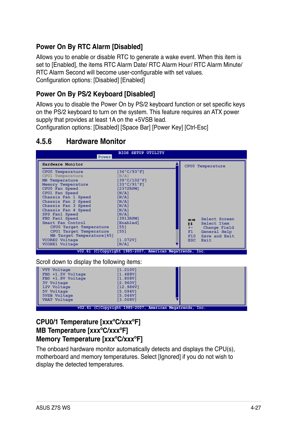 6 hardware monitor, Hardware monitor -27, Power on by rtc alarm [disabled | Power on by ps/2 keyboard [disabled, Scroll down to display the following items, Asus z7s ws 4-27 | Asus Z7S WS User Manual | Page 99 / 156