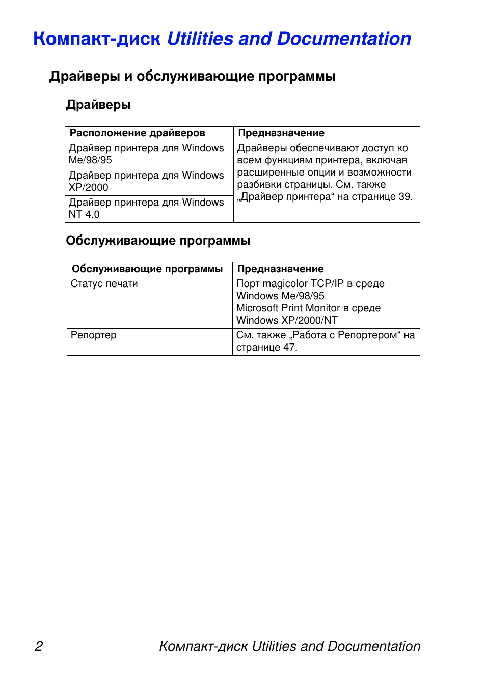 Utilities and documentation 2, Utilities and documentation | Konica Minolta MAGICOLOR 2300 User Manual | Page 10 / 172