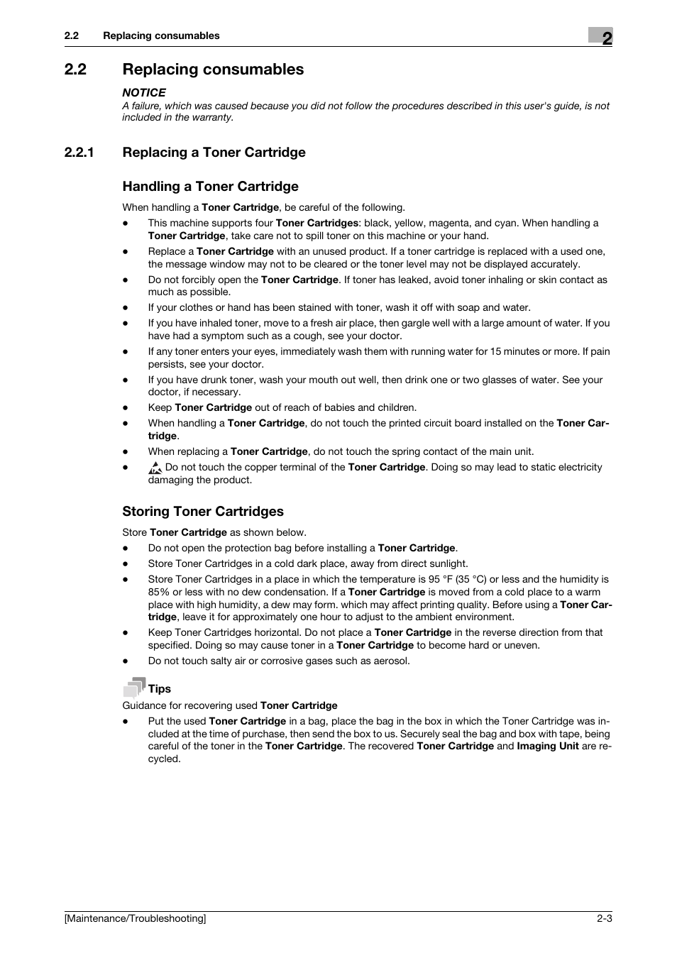 2 replacing consumables, 1 replacing a toner cartridge, Handling a toner cartridge | Storing toner cartridges, Replacing consumables -3 | Konica Minolta bizhub C3850 User Manual | Page 15 / 82