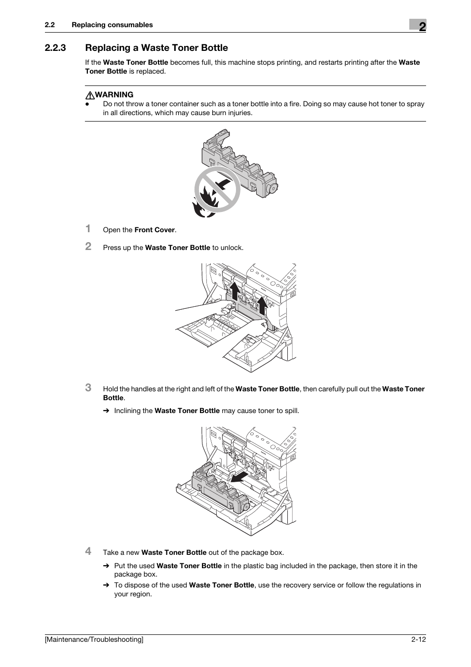 3 replacing a waste toner bottle, Replacing a waste toner bottle -12 | Konica Minolta bizhub C3850 User Manual | Page 24 / 82