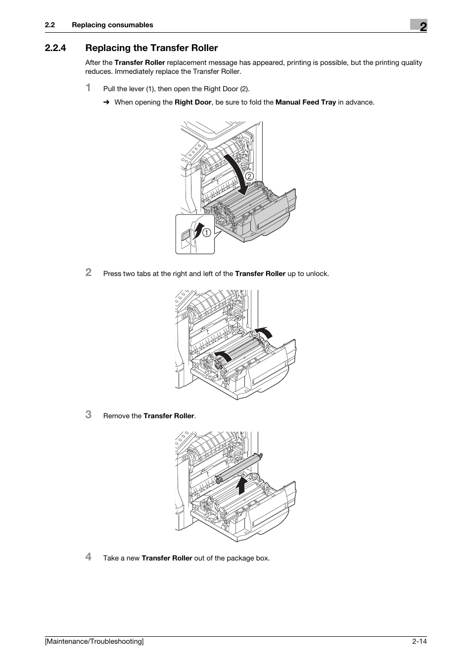 4 replacing the transfer roller, Replacing the transfer roller -14 | Konica Minolta bizhub C3850 User Manual | Page 26 / 82