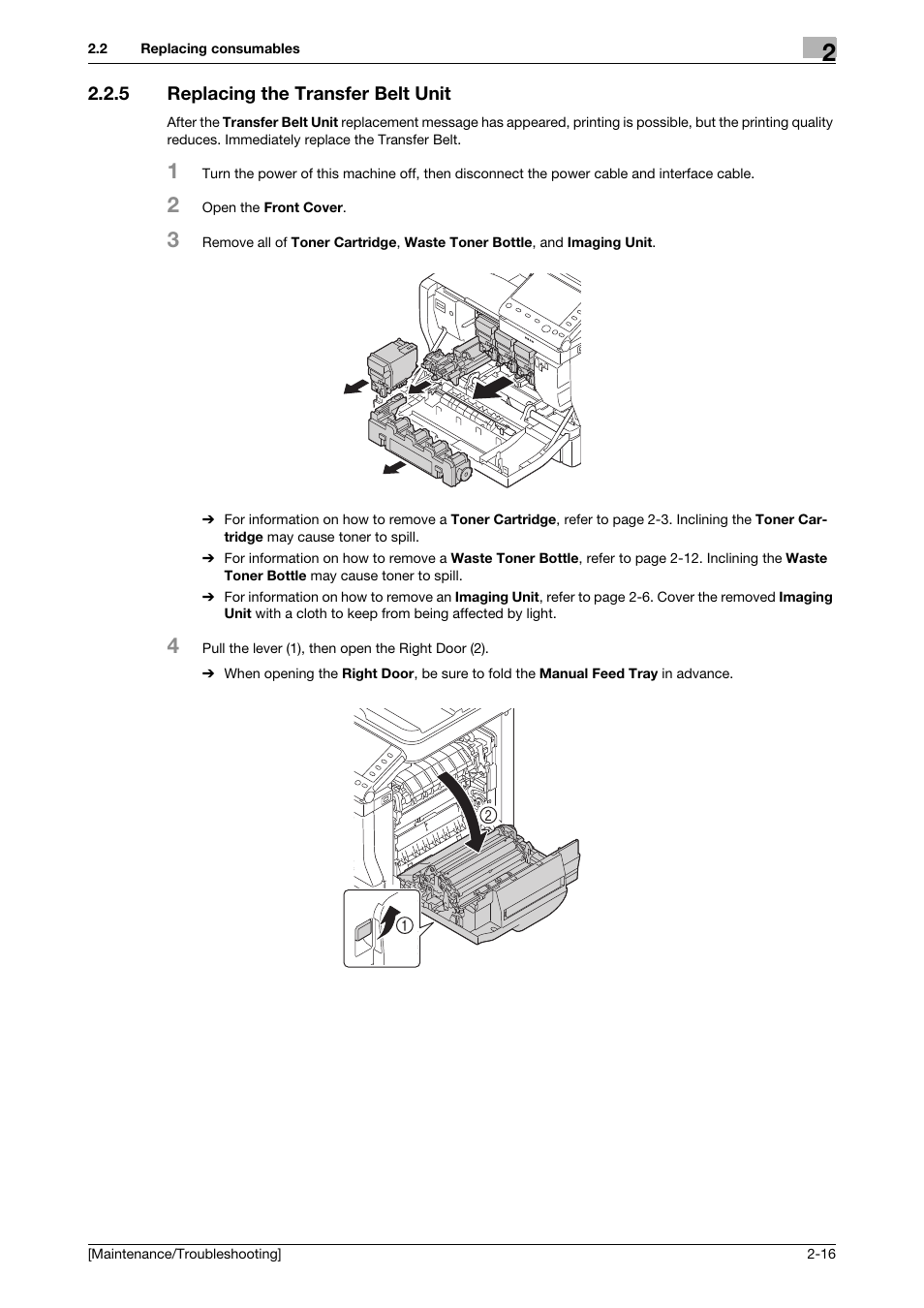 5 replacing the transfer belt unit, Replacing the transfer belt unit -16 | Konica Minolta bizhub C3850 User Manual | Page 28 / 82