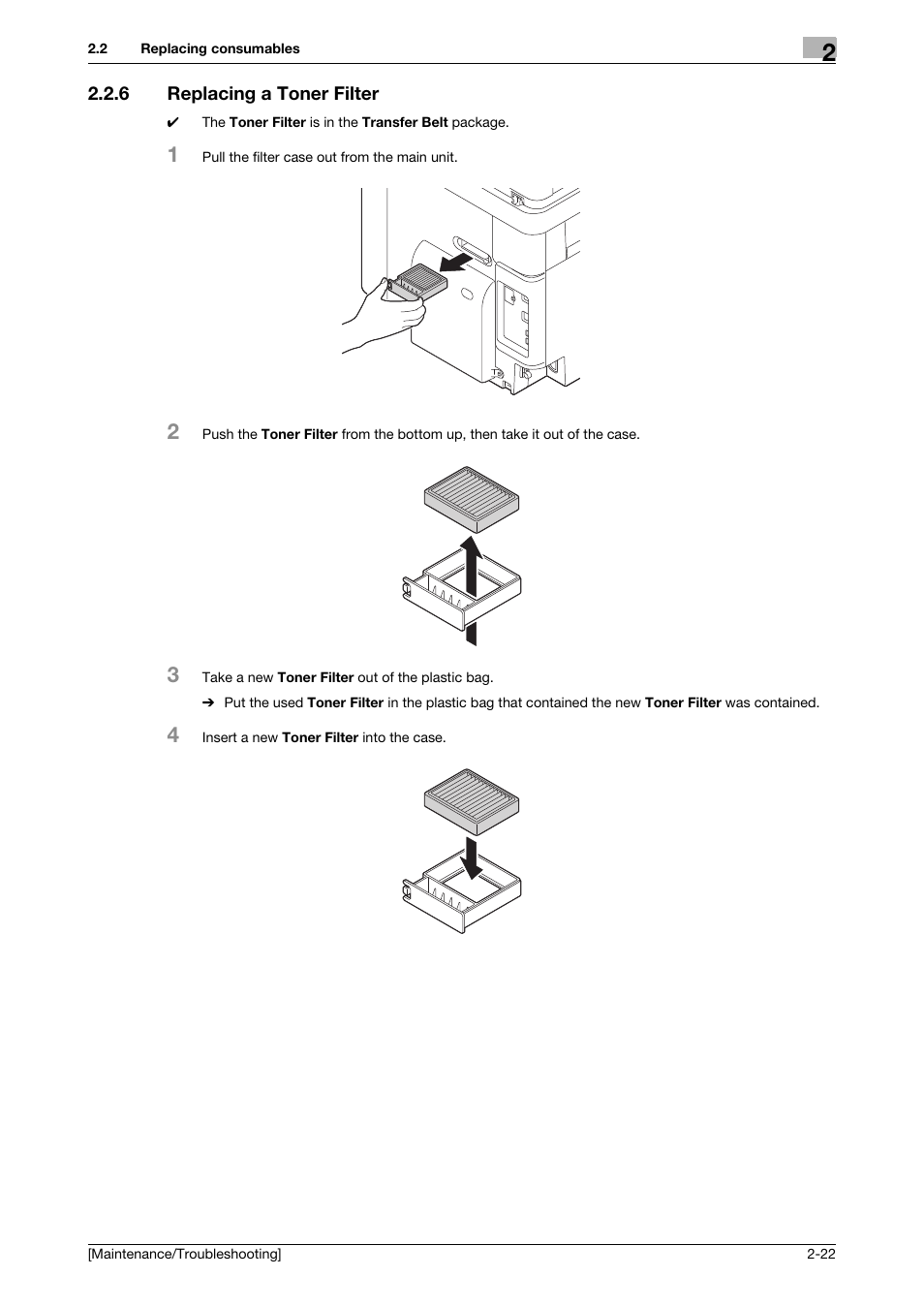 6 replacing a toner filter, Replacing a toner filter -22 | Konica Minolta bizhub C3850 User Manual | Page 34 / 82