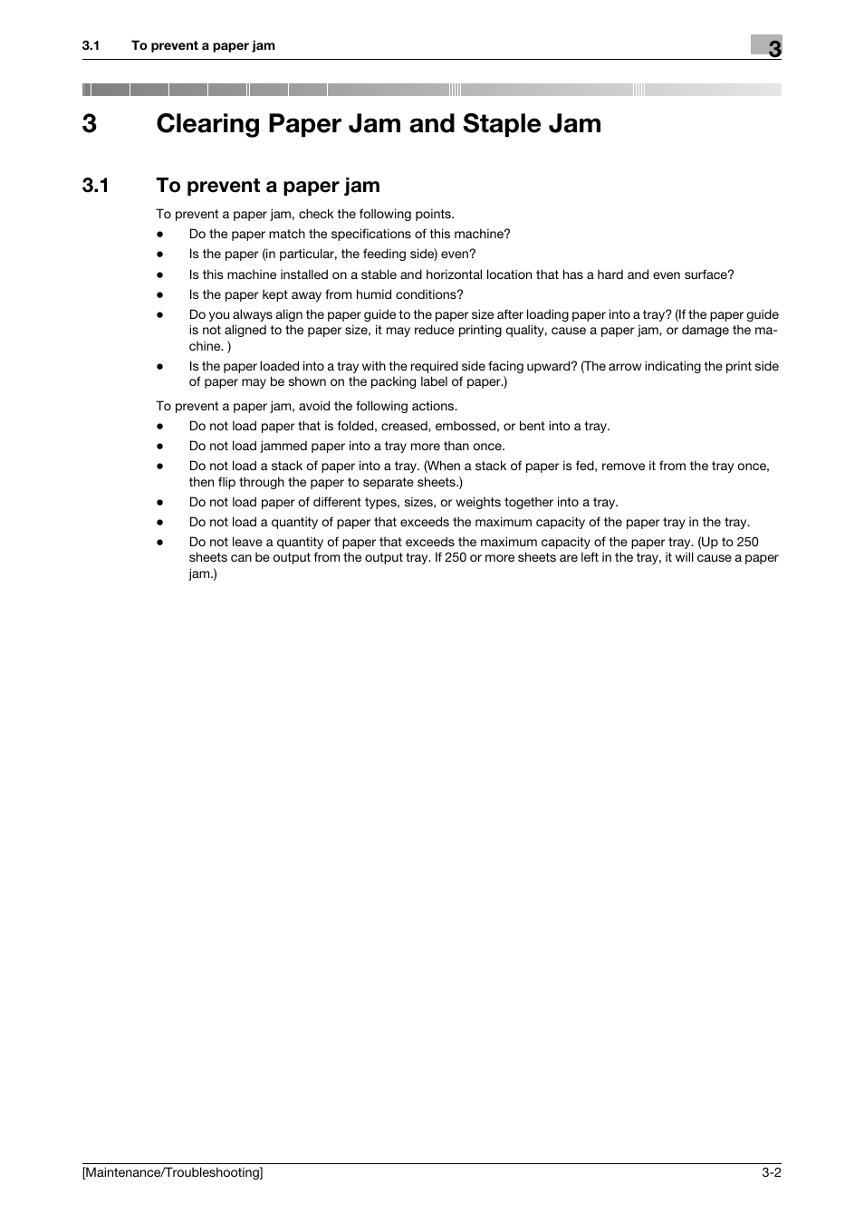 3 clearing paper jam and staple jam, 1 to prevent a paper jam, Clearing paper jam and staple jam | To prevent a paper jam -2, 3clearing paper jam and staple jam | Konica Minolta bizhub C3850 User Manual | Page 43 / 82