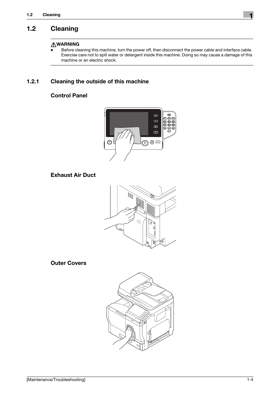 2 cleaning, 1 cleaning the outside of this machine, Control panel | Exhaust air duct, Outer covers, Cleaning -4 | Konica Minolta bizhub C3850 User Manual | Page 7 / 82