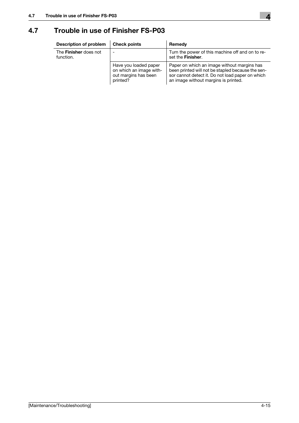 7 trouble in use of finisher fs-p03, Trouble in use of finisher fs-p03 -15 | Konica Minolta bizhub C3850 User Manual | Page 73 / 82