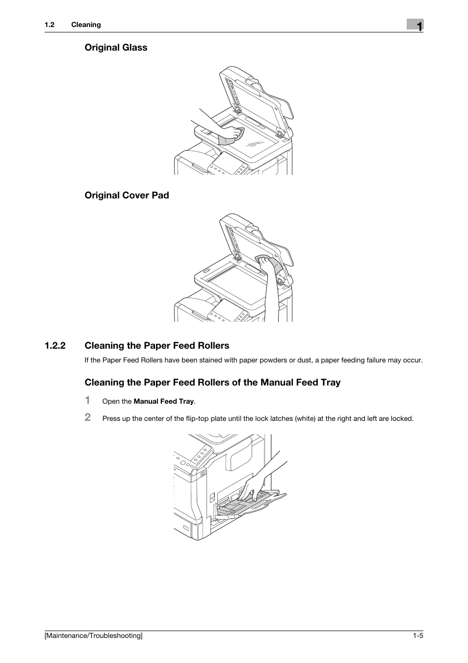 Original glass, Original cover pad, 2 cleaning the paper feed rollers | Original glass -5 original cover pad -5 | Konica Minolta bizhub C3850 User Manual | Page 8 / 82