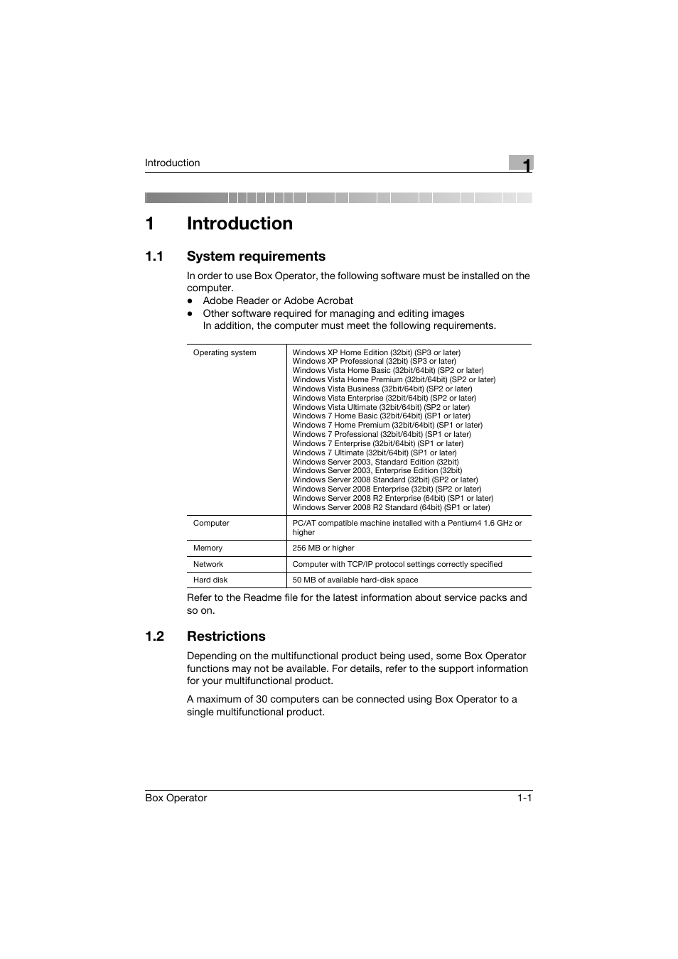 1 introduction, 1 system requirements, 2 restrictions | Introduction, System requirements -1, Restrictions -1, 1introduction | Konica Minolta PageScope Box Operator User Manual | Page 10 / 71