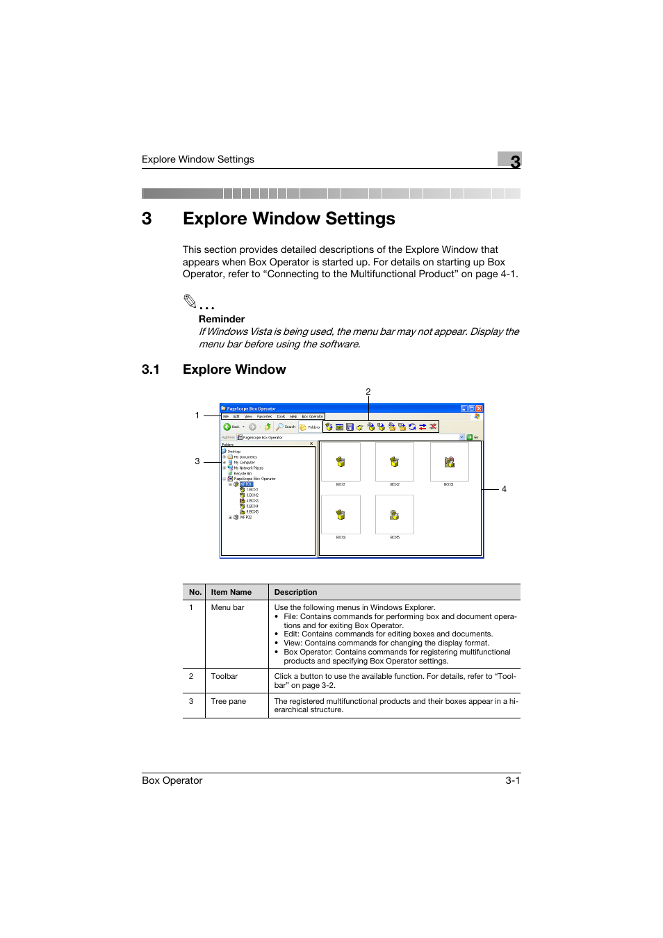 3 explore window settings, 1 explore window, Explore window settings | Explore window -1, 3explore window settings | Konica Minolta PageScope Box Operator User Manual | Page 13 / 71
