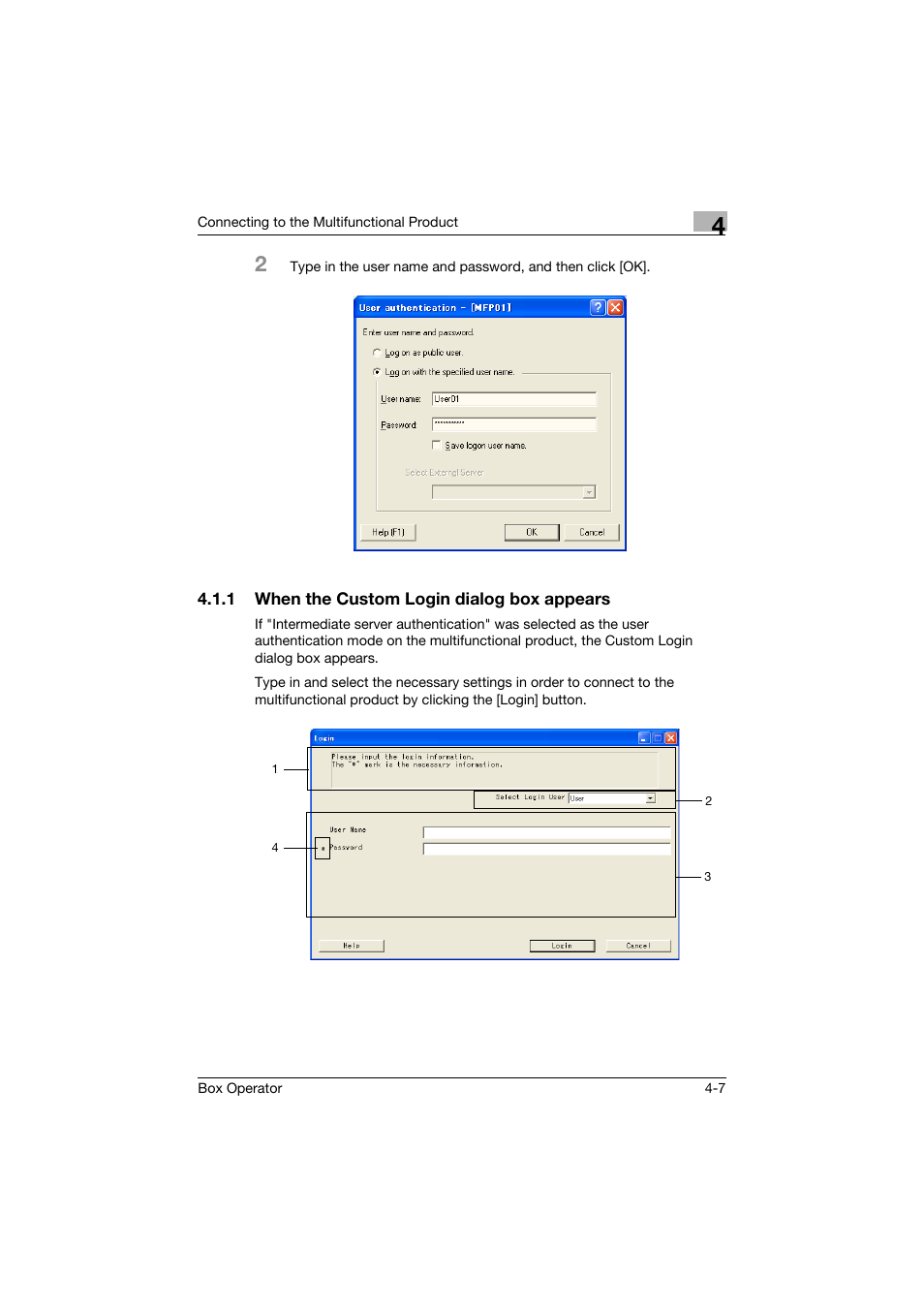 1 when the custom login dialog box appears, When the custom login dialog box appears -7 | Konica Minolta PageScope Box Operator User Manual | Page 24 / 71