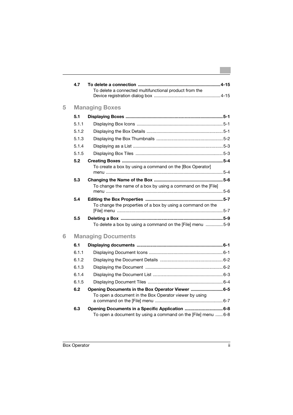 5managing boxes, 6managing documents | Konica Minolta PageScope Box Operator User Manual | Page 3 / 71
