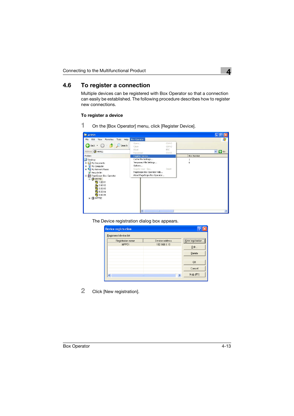 6 to register a connection, To register a device, To register a connection -13 | To register a device -13 | Konica Minolta PageScope Box Operator User Manual | Page 30 / 71