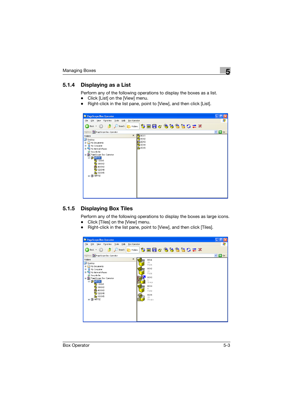 4 displaying as a list, 5 displaying box tiles, Displaying as a list -3 | Displaying box tiles -3 | Konica Minolta PageScope Box Operator User Manual | Page 36 / 71