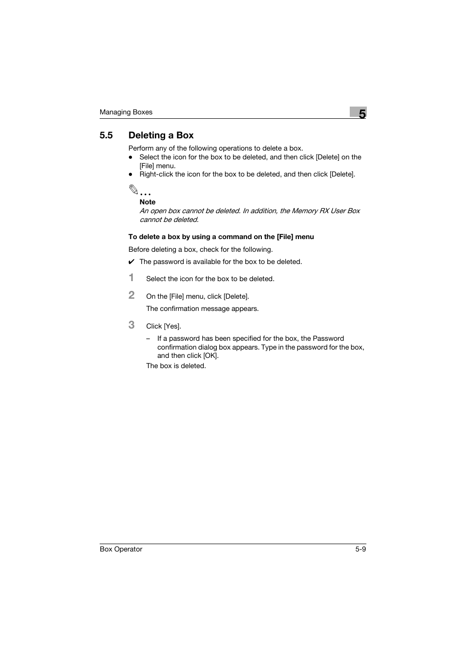 5 deleting a box, Deleting a box -9 | Konica Minolta PageScope Box Operator User Manual | Page 42 / 71