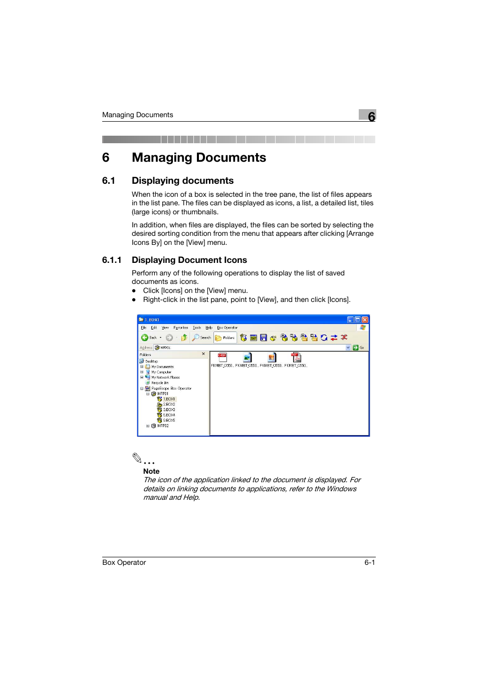 6 managing documents, 1 displaying documents, 1 displaying document icons | Managing documents, Displaying documents -1, Displaying document icons -1, 6managing documents | Konica Minolta PageScope Box Operator User Manual | Page 43 / 71