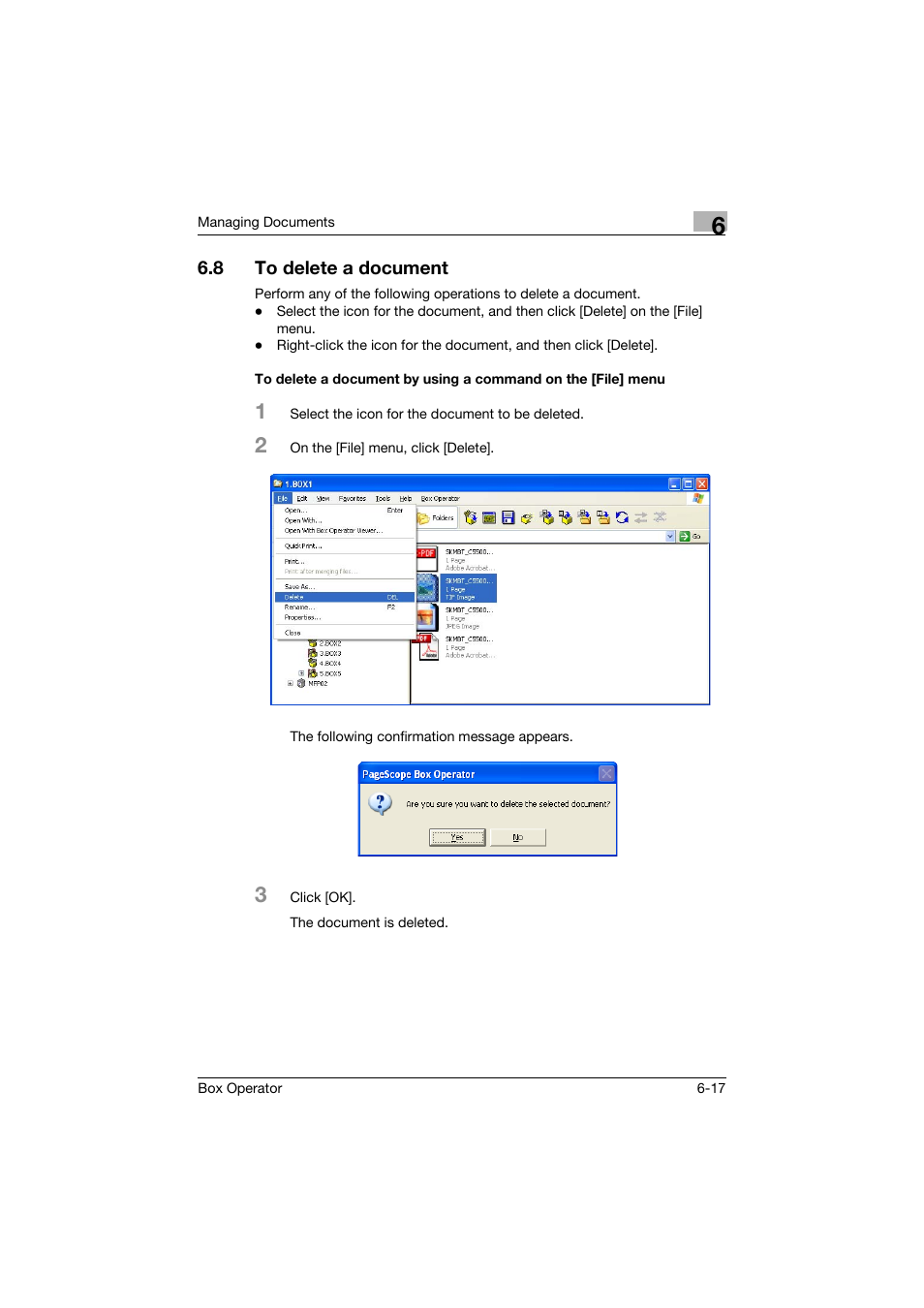 8 to delete a document, To delete a document -17 | Konica Minolta PageScope Box Operator User Manual | Page 59 / 71
