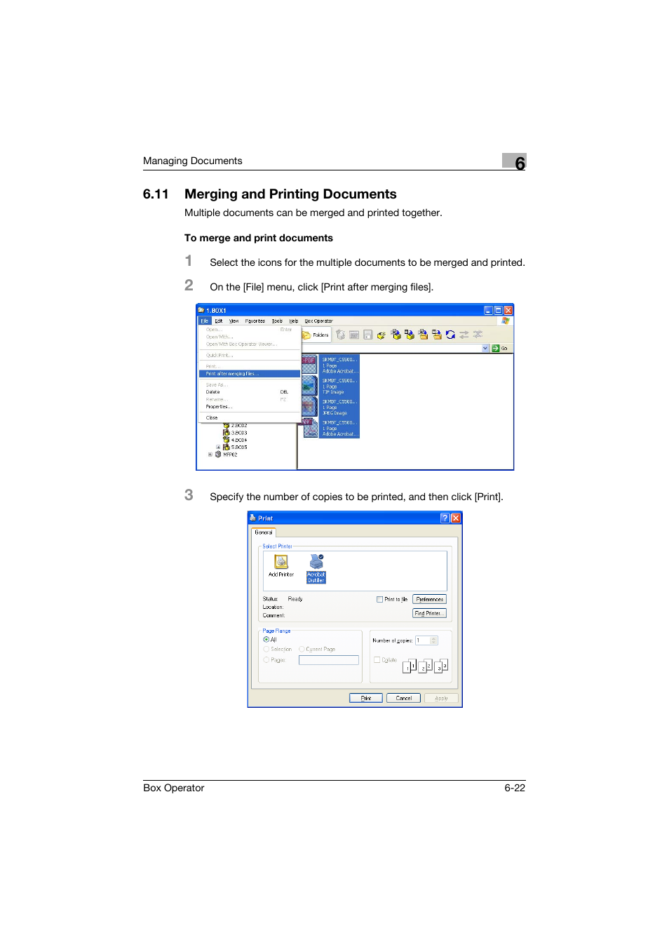 11 merging and printing documents, To merge and print documents, Merging and printing documents -22 | To merge and print documents -22 | Konica Minolta PageScope Box Operator User Manual | Page 64 / 71