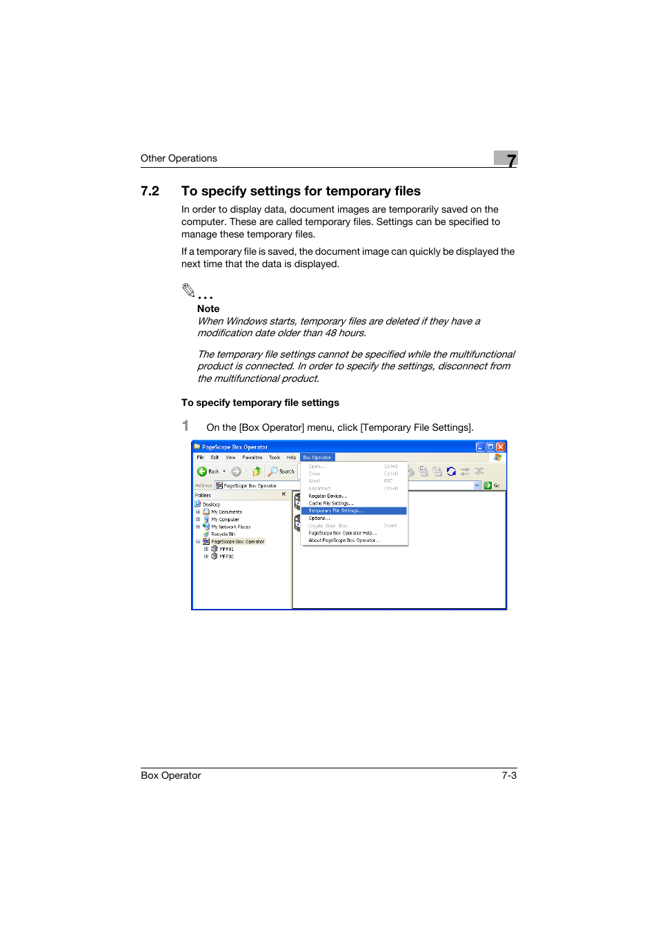 2 to specify settings for temporary files, To specify temporary file settings, To specify settings for temporary files -3 | To specify temporary file settings -3 | Konica Minolta PageScope Box Operator User Manual | Page 67 / 71