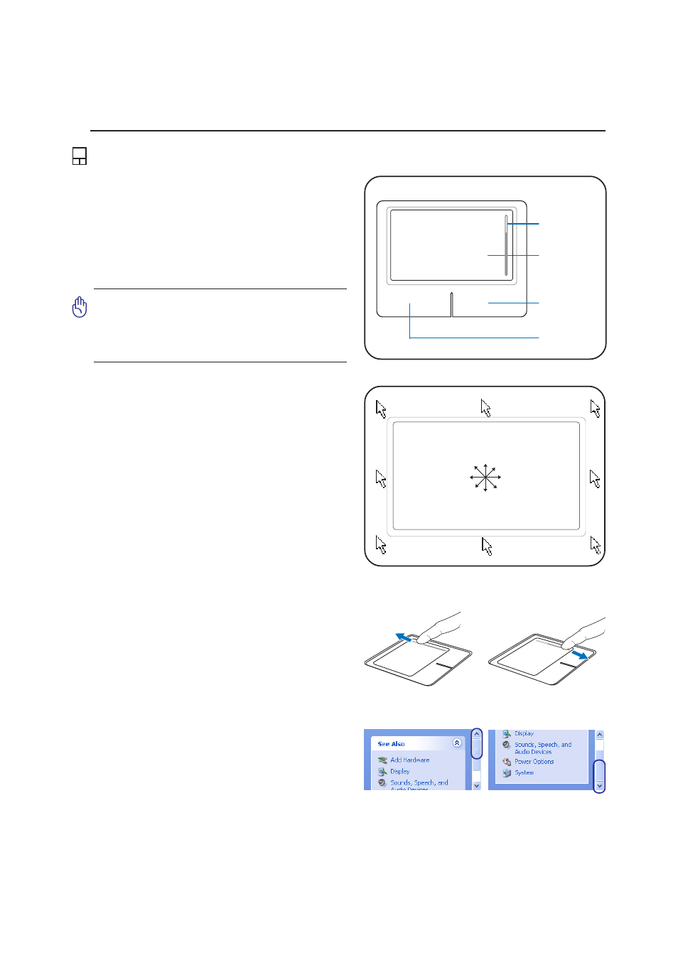 Pointing device, Using the touchpad, Scroll down scroll up | Asus E2333 User Manual | Page 37 / 74
